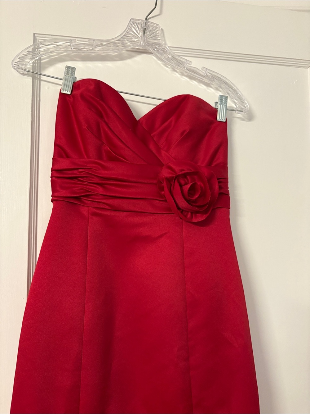 Saison Blanche Strapless Red Satin Dress with Rosette Detail